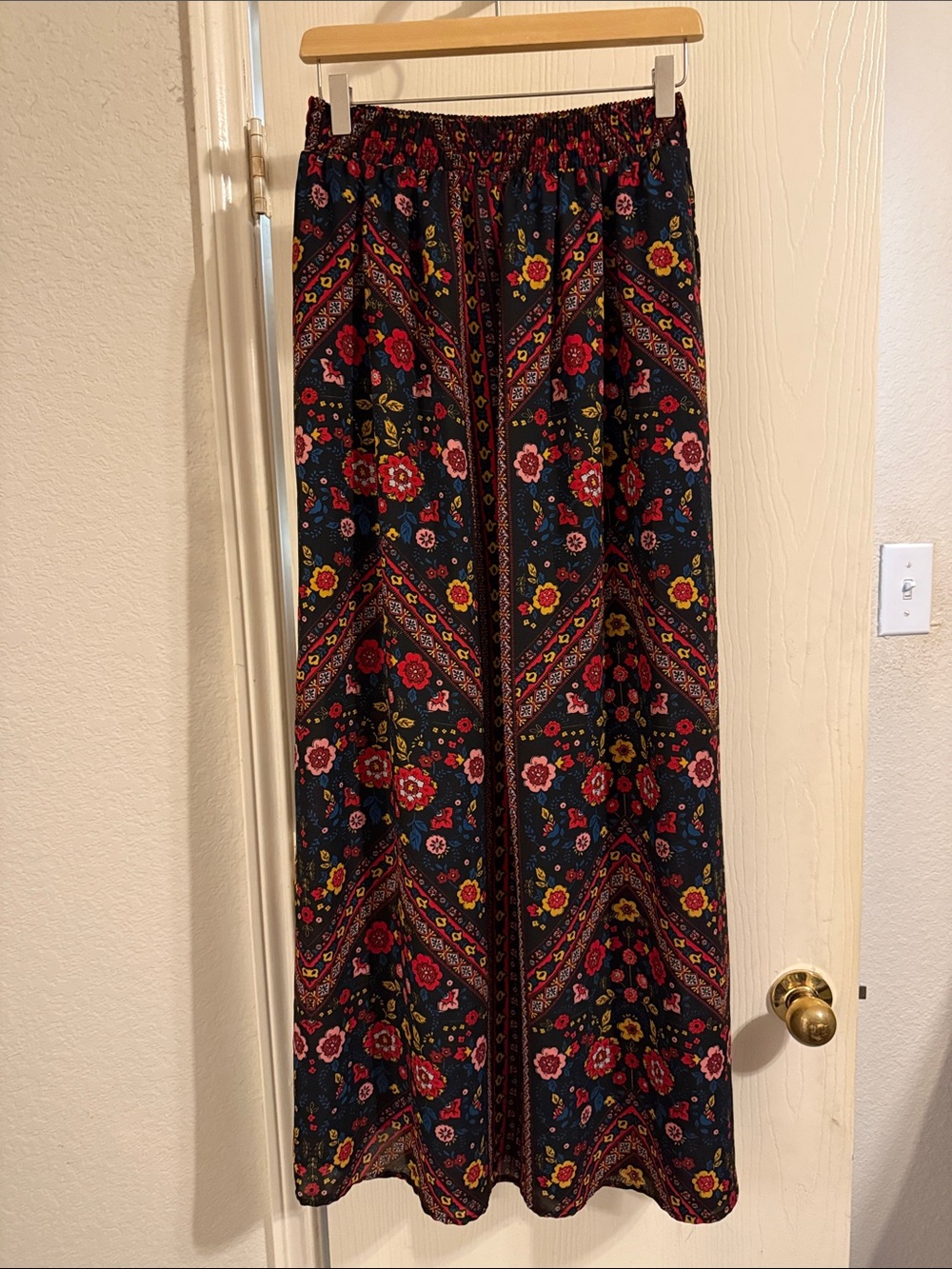 Xhilaration Navy Floral Maxi Skirt with Red and Yellow Accents